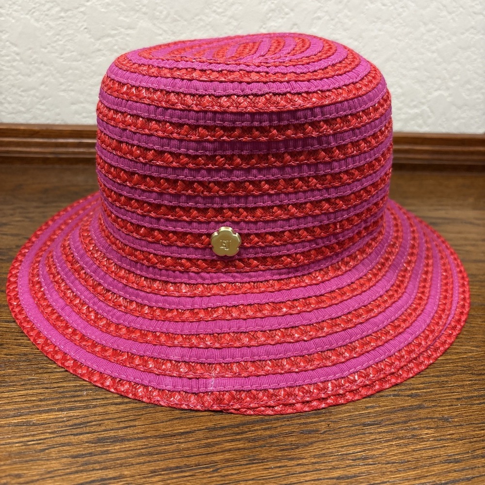 Eric Javits Striped Straw Squishee Bucket Hat Pink Red UPF 50+ Packable Sun Hat